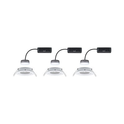 Three white LED recessed spotlights with black connection cables and mounting clips for ceiling installation