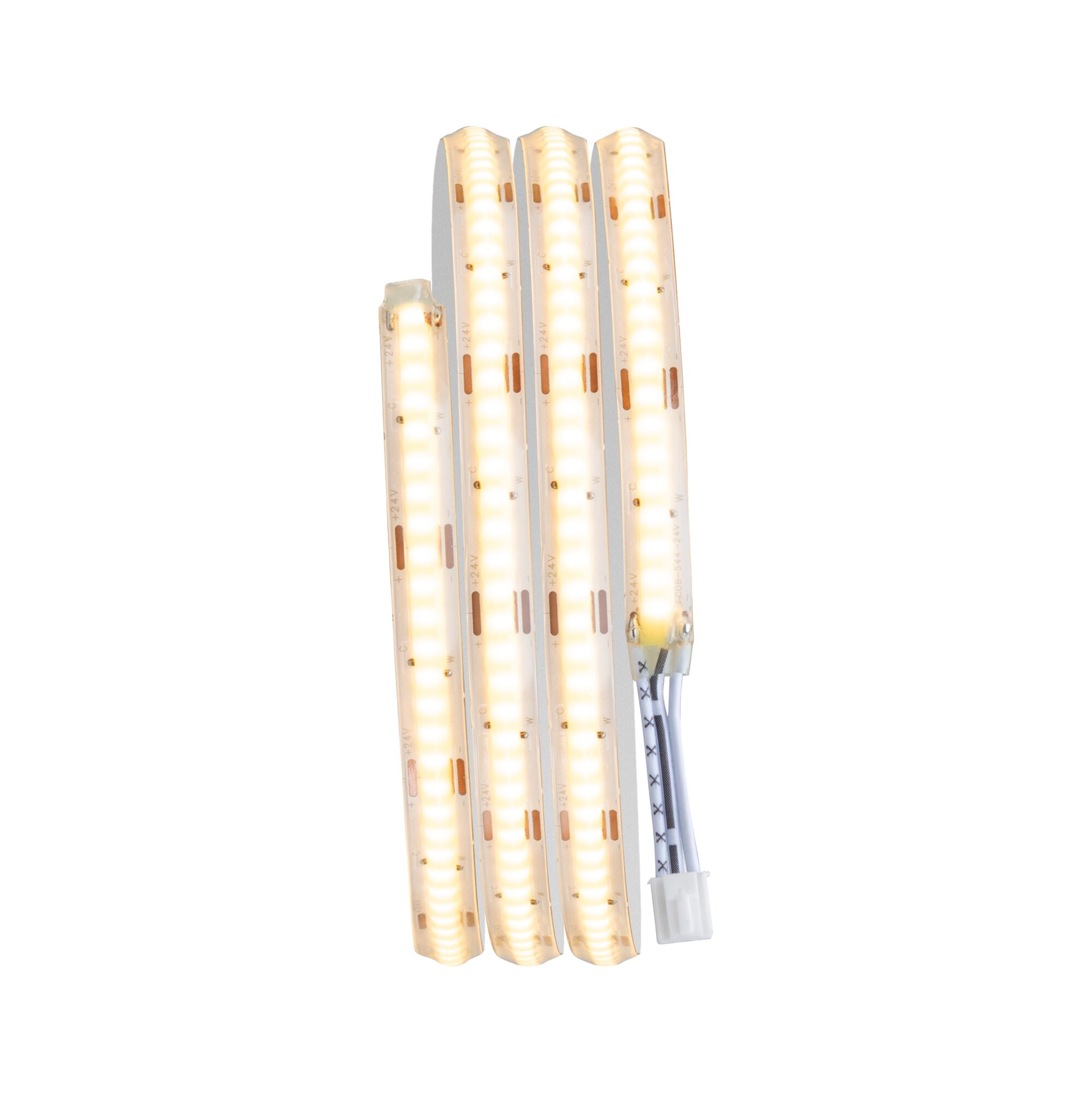 Flexible LED strip with warm white light and connector cable for versatile lighting applications