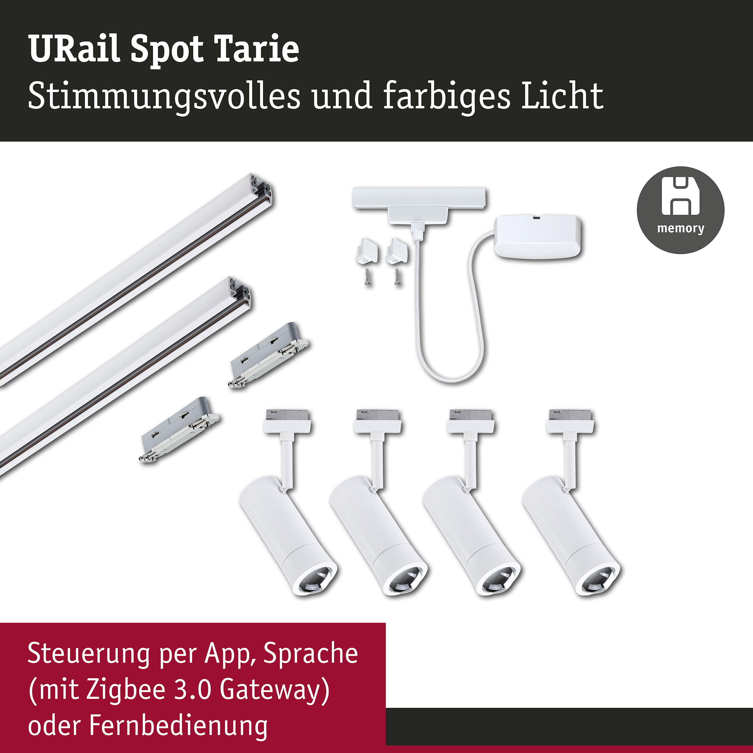URail Schienenspot Smart Home Zigbee 3.0 Tarie Kabeleinspeisung 4x4,5W 230V Signalweiß