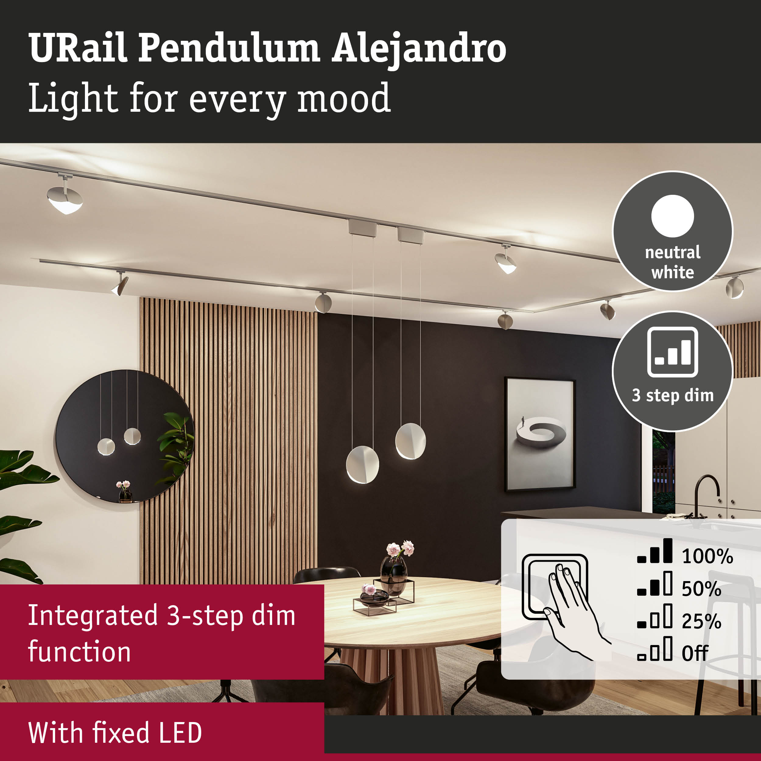 URail Pendulum Alejandro ceiling light with integrated 3-step dim function and fixed neutral white LED