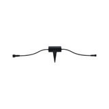 Black plastic splitter with ground spike and cables for outdoor and garden lighting connection