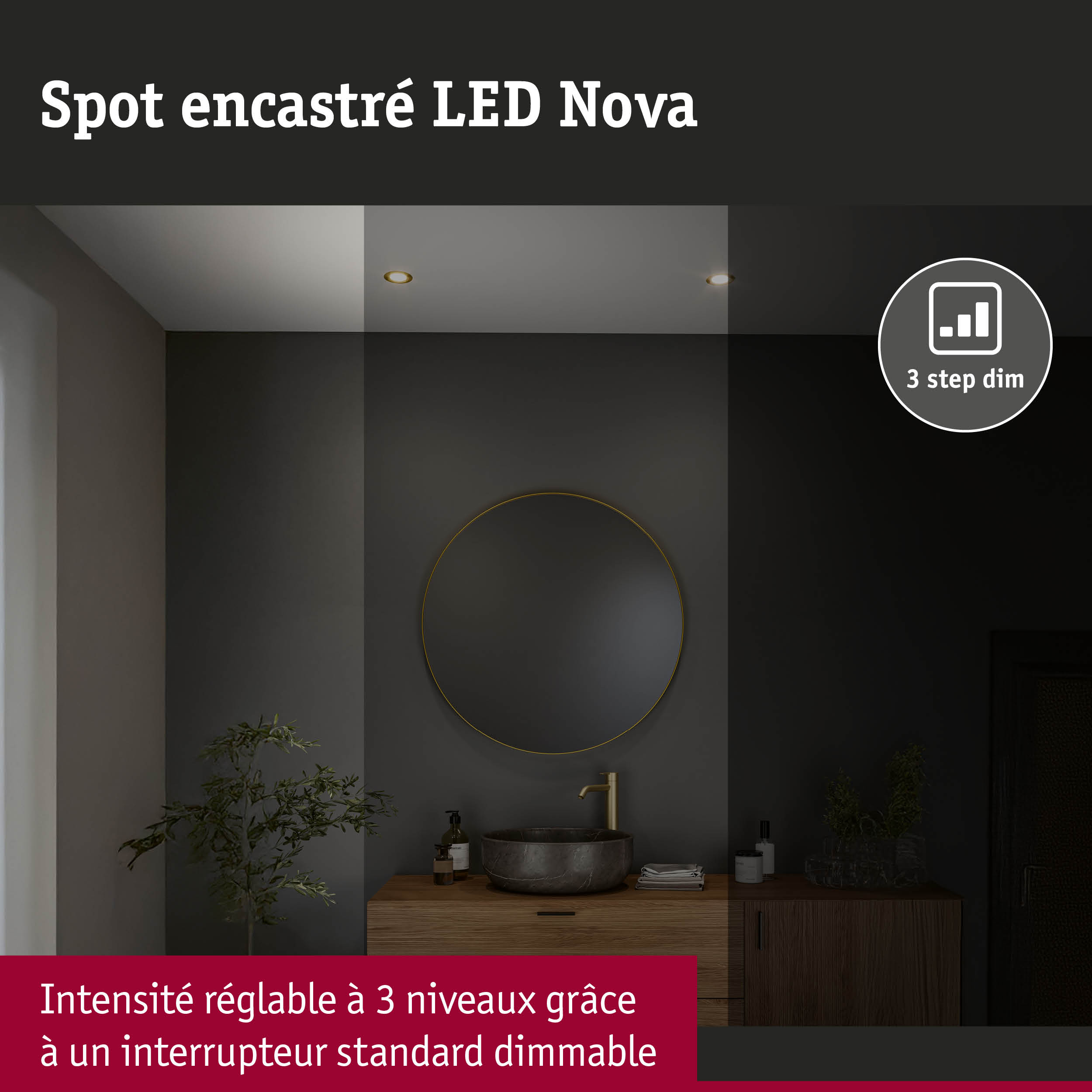 Spot encastré LED Nova doré avec fonction dimmable 3 niveaux pour éclairage salle de bain