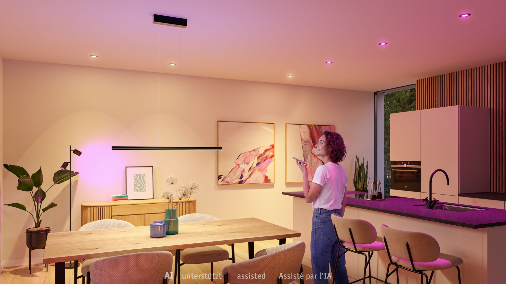 Smart home in the kitchen Modern kitchen with smart LED ceiling lights and black pendant lamp, ambient colour-changing lighting