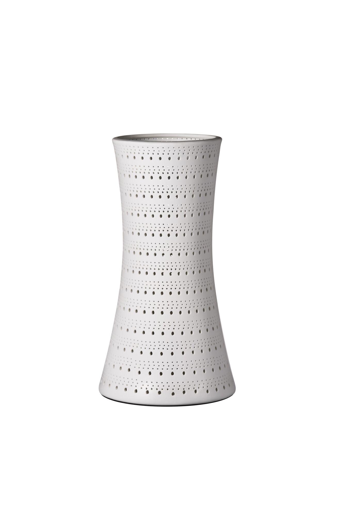 White ceramic lampshade with fine perforations for decorative LED lighting