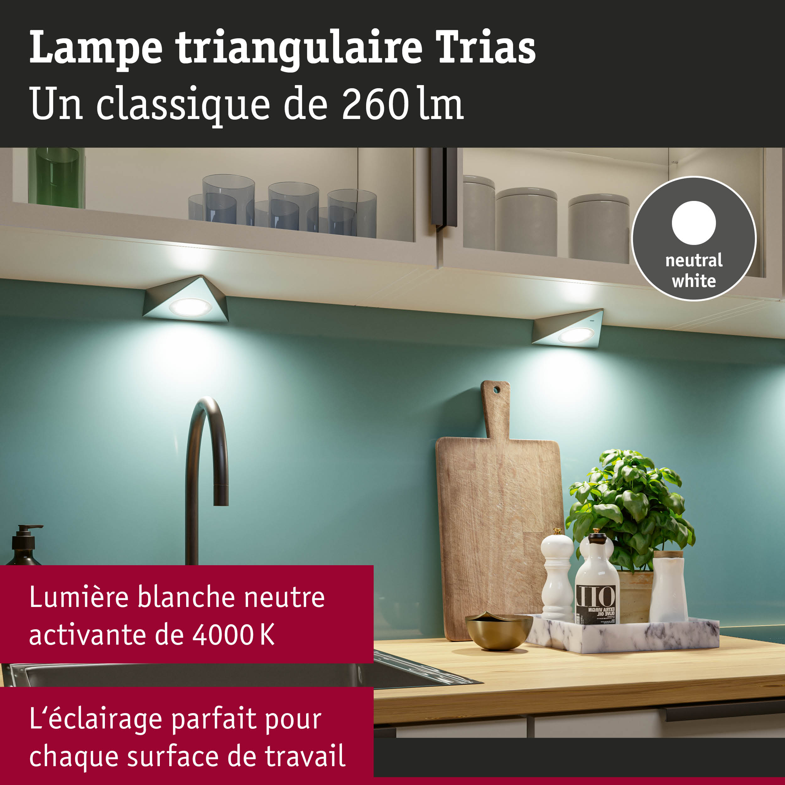 Lampe triangulaire Trias LED en blanc neutre pour un éclairage parfait des plans de travail en cuisine