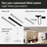 Modular URail track system with black and white aluminium rails for customizable lighting solutions