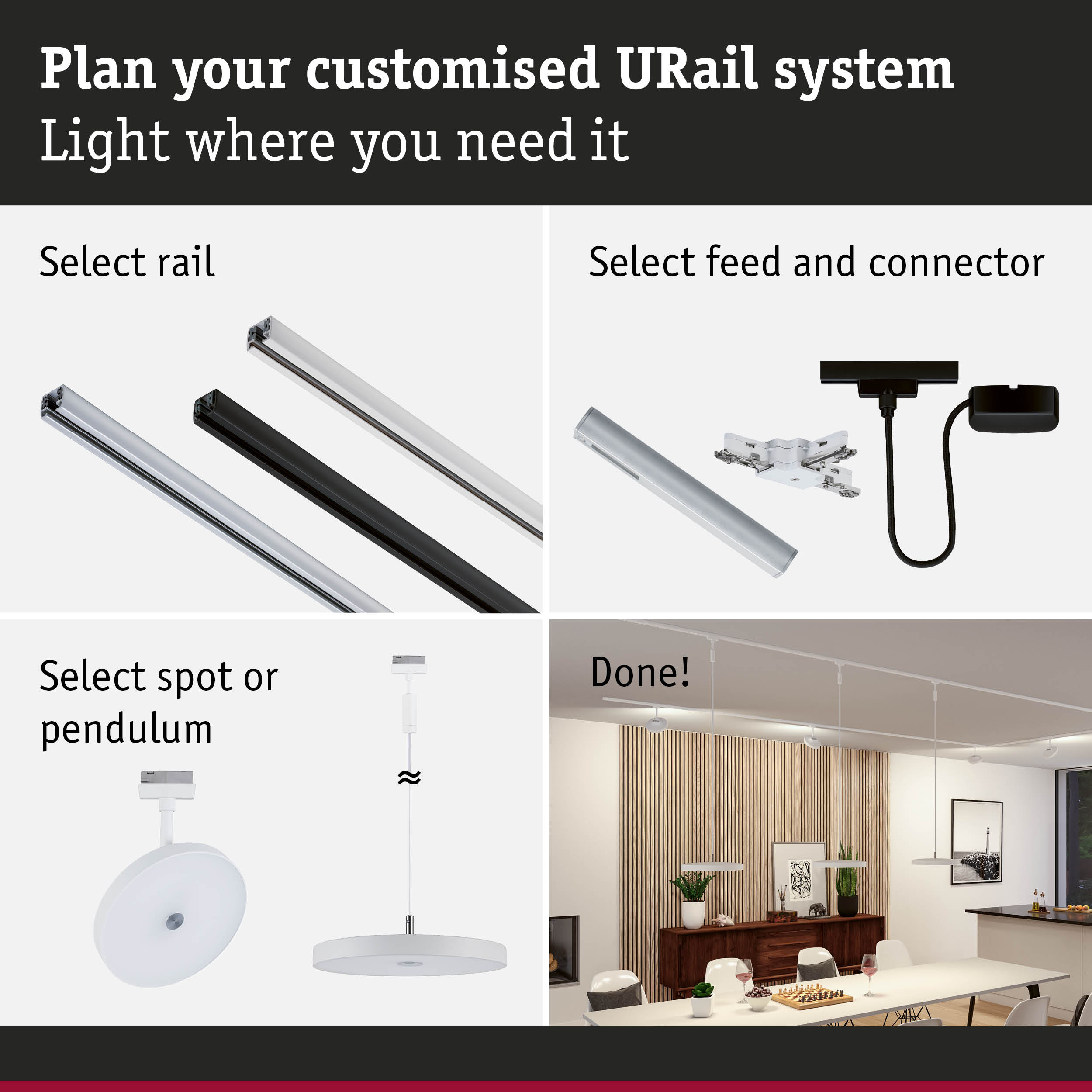 Modular URail track system with black and white aluminium rails for customizable lighting solutions
