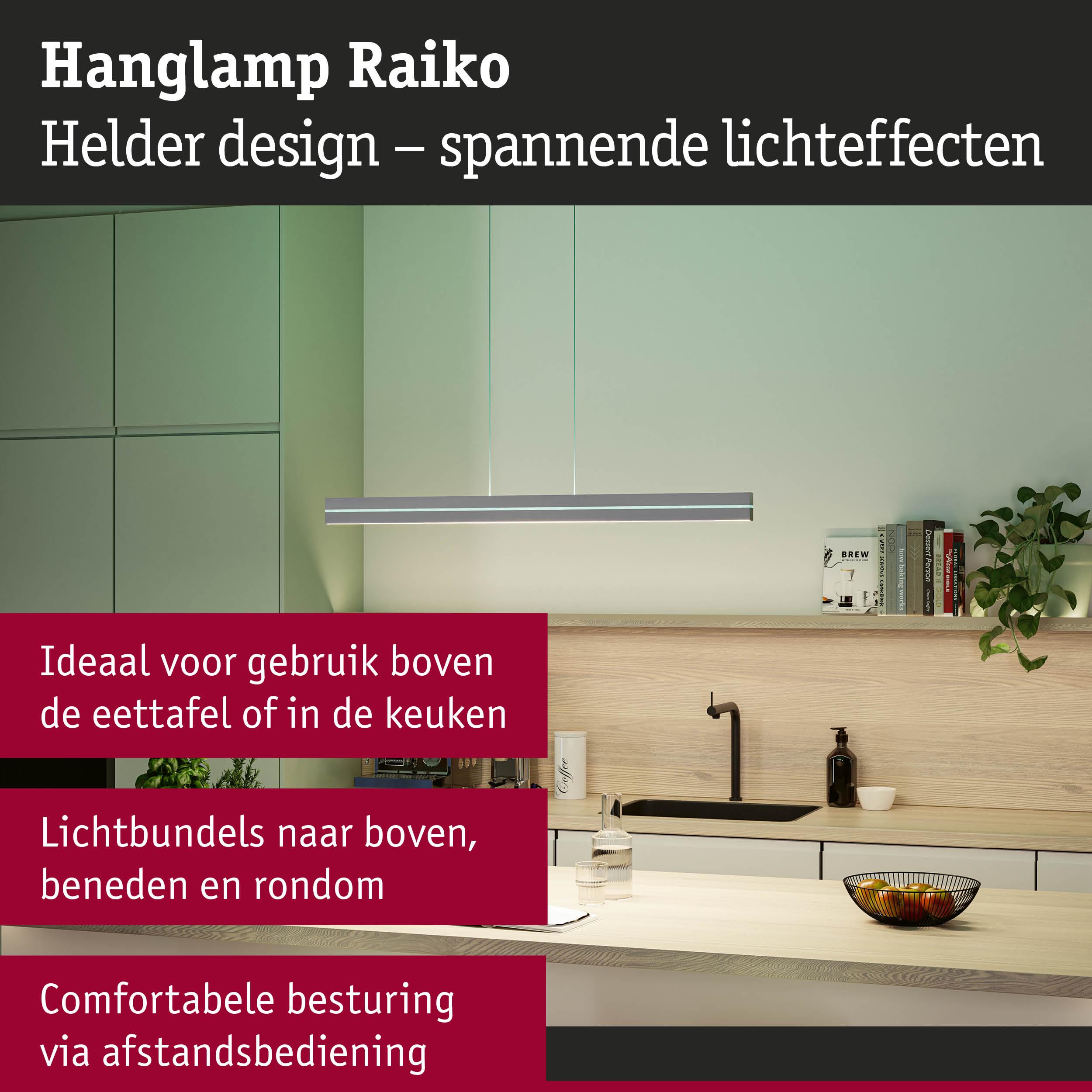 Moderne Raiko hanglamp in zilver met lichtbundels naar boven, beneden en rondom, ideaal voor keuken en eettafel