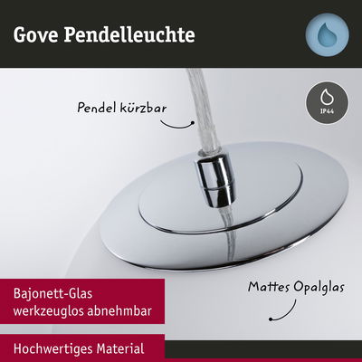 Gove Pendelleuchte mit mattem Opalglas und verchromtem Bajonett-Glas, IP44, kürzbarer Pendel