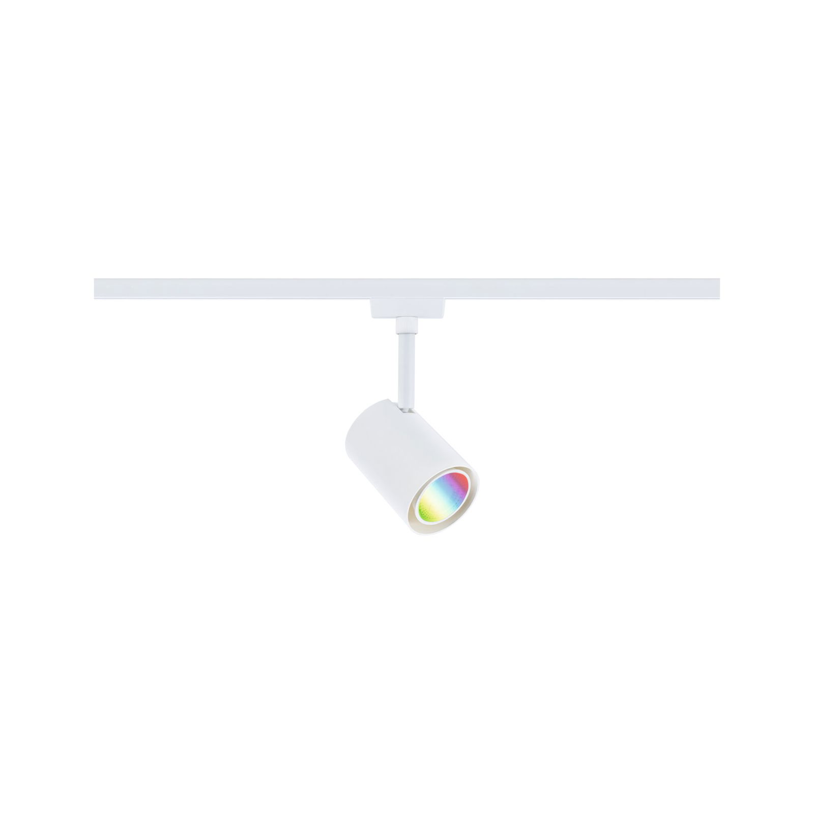 Witte metalen LED-spot op railsysteem met gekleurd licht voor moderne binnenverlichting