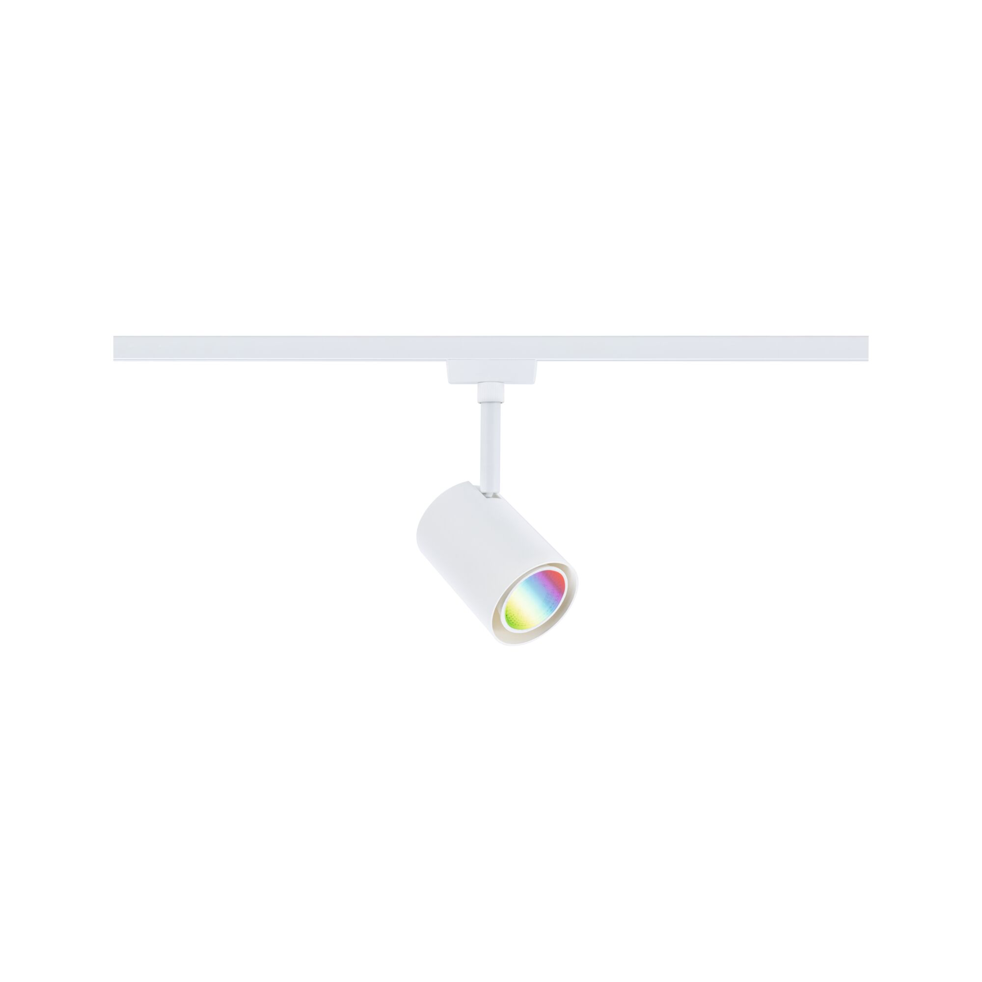 Weißer LED-Spot aus Metall an Schienensystem mit farbigem Licht für moderne Innenbeleuchtung