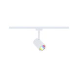 Witte metalen LED-spot op railsysteem met gekleurd licht voor moderne binnenverlichting