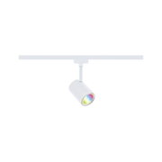 Weißer LED-Spot aus Metall an Schienensystem mit farbigem Licht für moderne Innenbeleuchtung