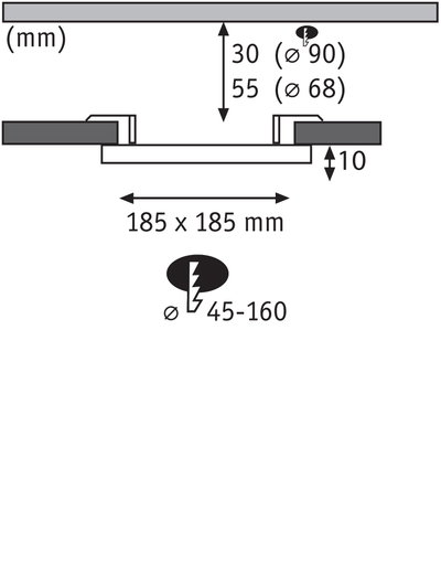 Technical drawing showing 185x185 mm dimensions and 10 mm depth for LED recessed spotlight