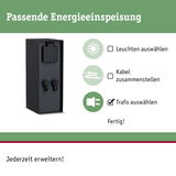 Schwarzer Trafo aus Metall mit Schutzabdeckung und zwei Drehreglern für passende Energieeinspeisung.