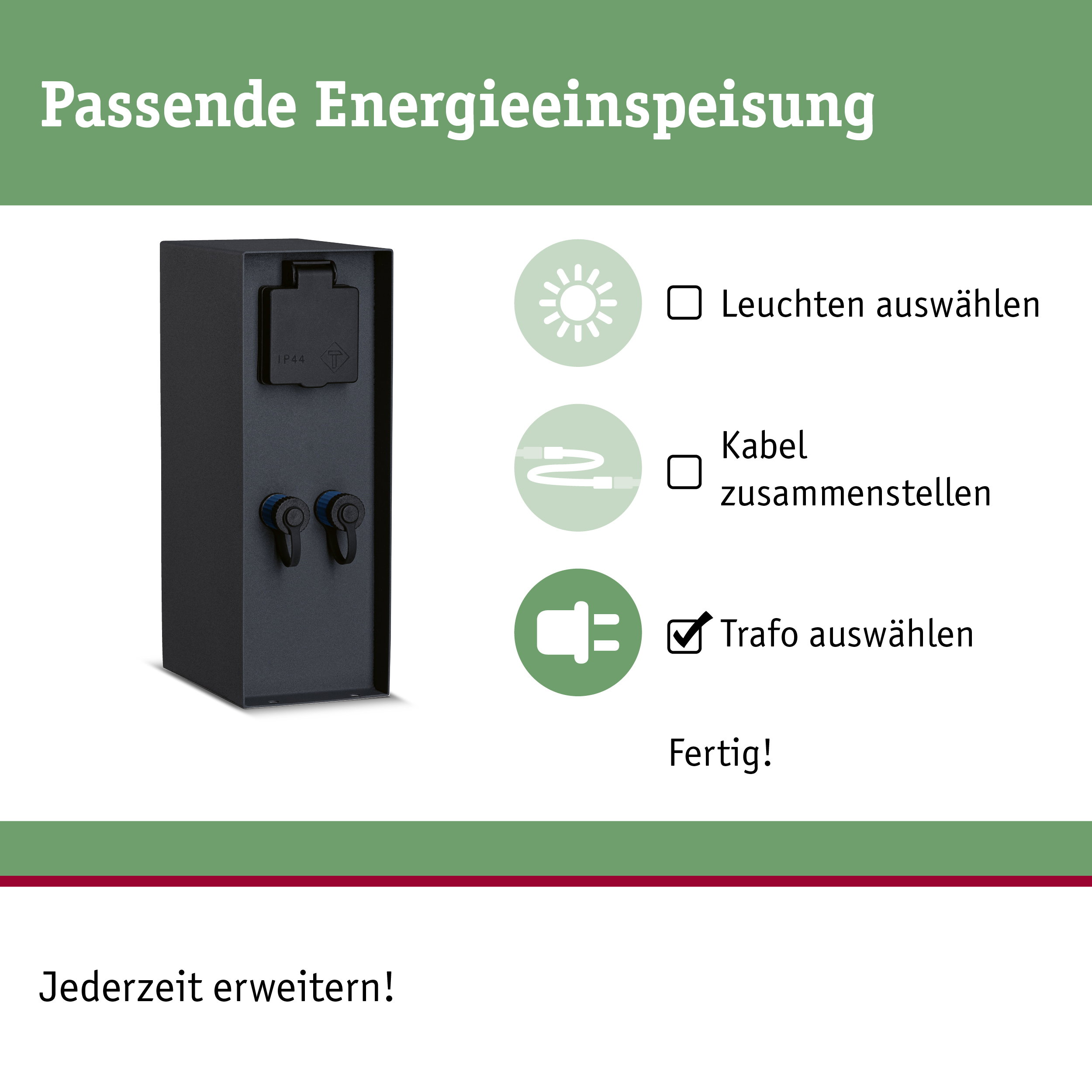 Schwarze Outdoor-Steckdose aus Metall mit IP44 Schutz für Gartenbeleuchtung und Energieeinspeisung