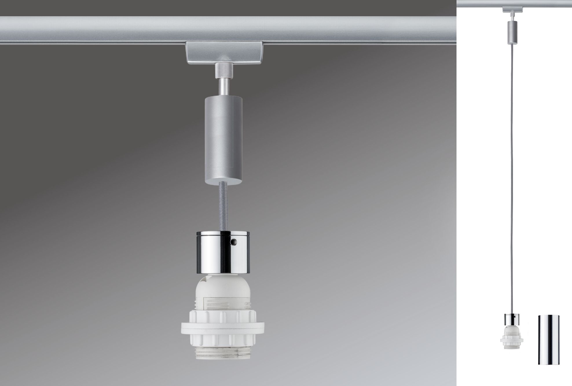 Moderne zilveren railspot met witte kunststoffitting voor flexibele verlichtingssystemen.