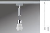 Spot sur rail argenté moderne avec douille en plastique blanc pour systèmes d'éclairage flexibles.