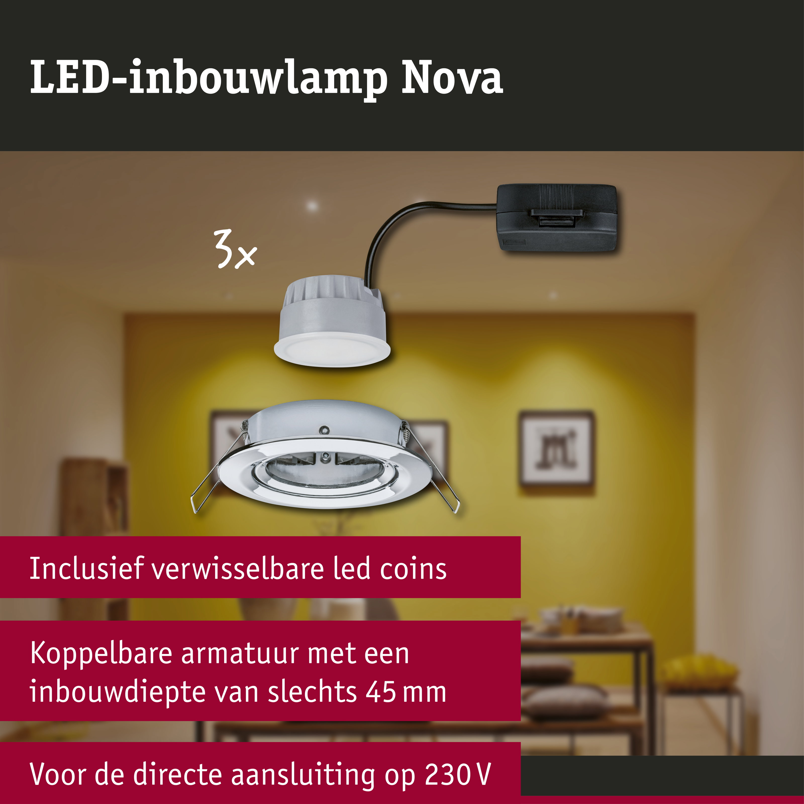 LED-inbouwlamp 3-Step-Dim Nova Coin Basisset zwenkbaar rond 84mm 50° Coin 3x6W 3x470lm 230V dimbaar 2700K Chroom