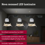 Nova white recessed LED luminaire with direct 230V connection, 45 mm installation depth, and replaceable LED coin.