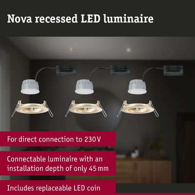 Nova white recessed LED luminaire with direct 230V connection, 45 mm installation depth, and replaceable LED coin.