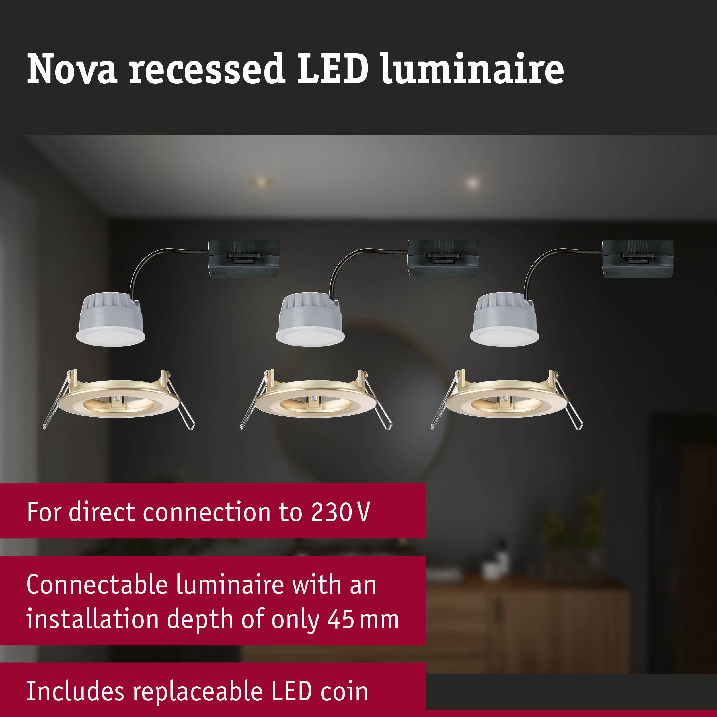 Nova recessed LED spotlight in gold metal with white plastic, dimmable and energy-saving lighting