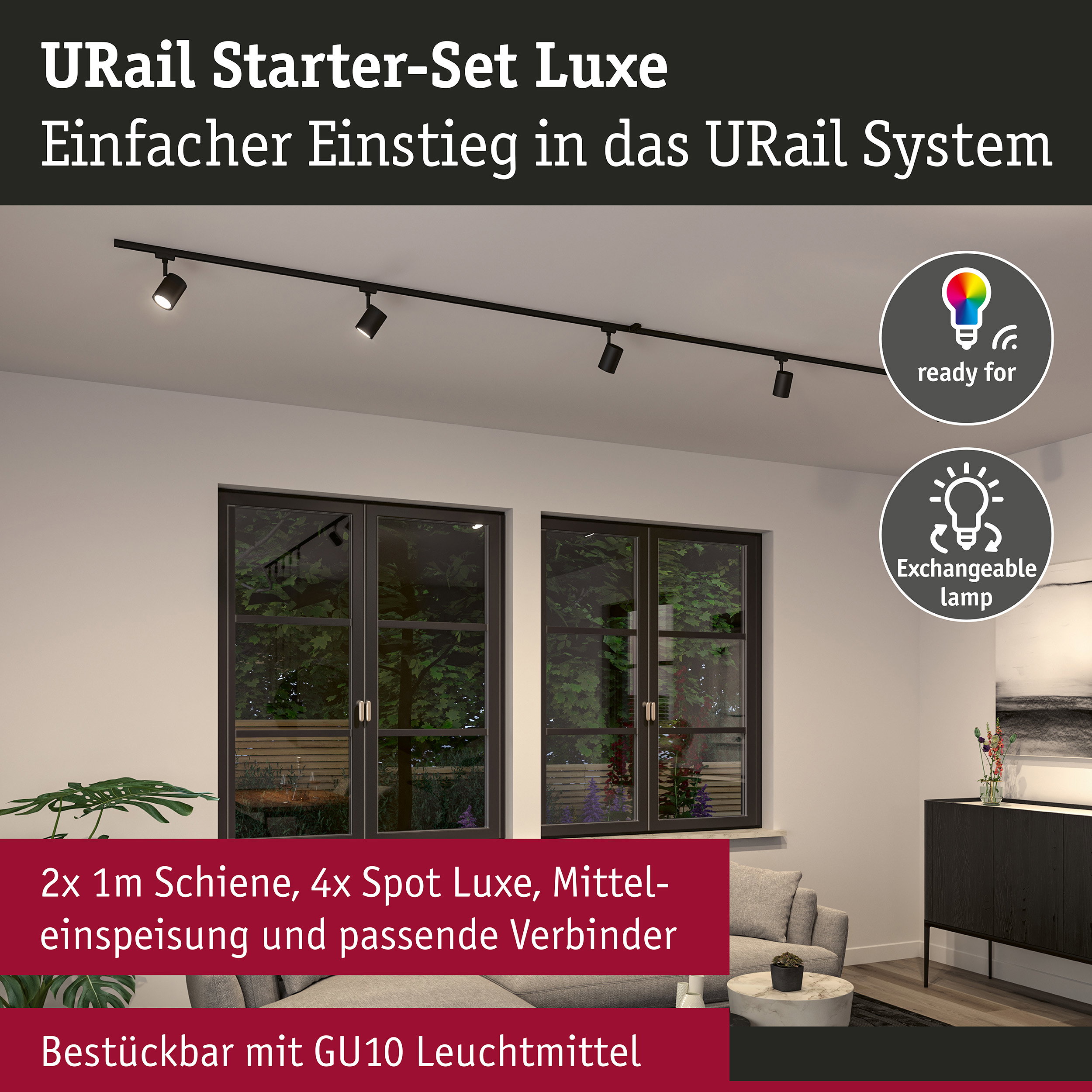 URail Schienenspot Luxe Starterset Mitteleinspeisung GU10 max. 10W 230V Schwarz matt
