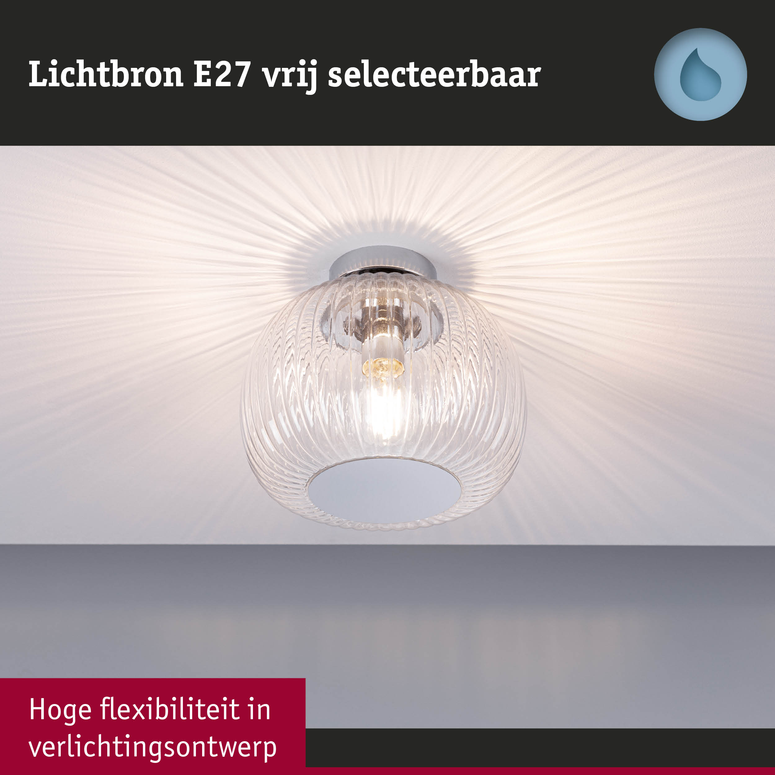 Plafondlamp met helder glas en E27-fitting, creëert decoratief lichtpatroon aan het plafond