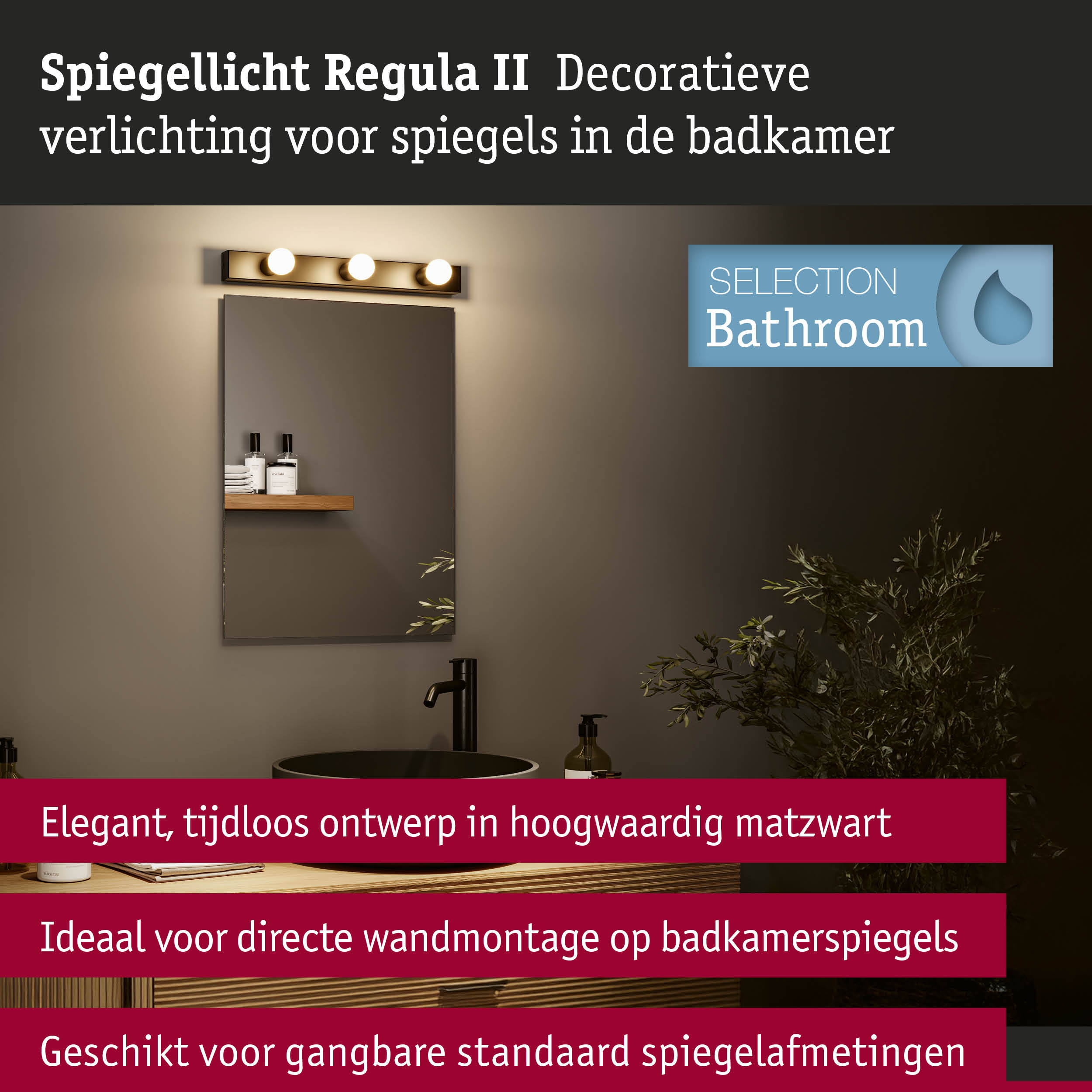 Set LED-spiegellamp Regula II Inclusief fluorescentielampen 3-vlammig IP44 E14 2700K 3x470lm 230V 3x4,5W dimbaar Zwart/Opaal