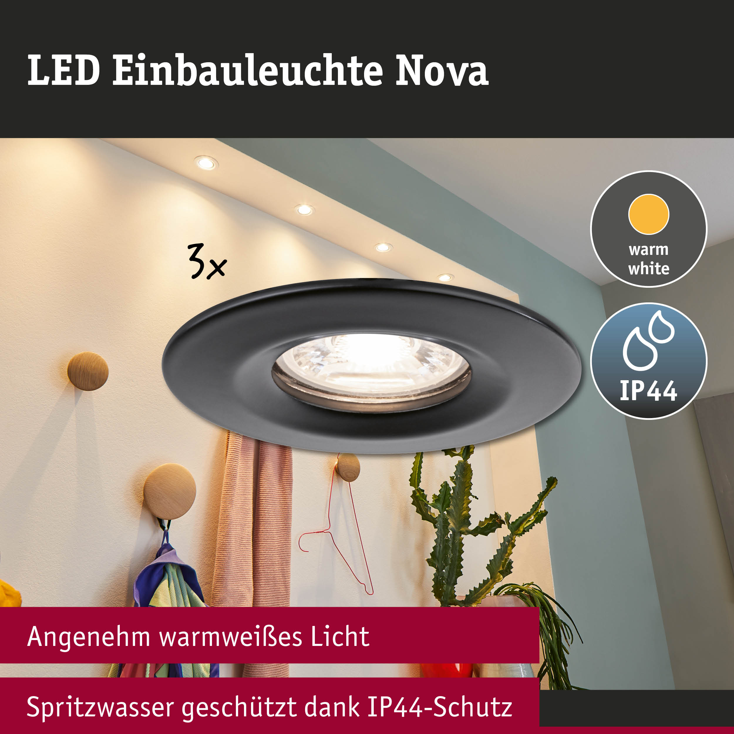LED Einbauleuchte Nova in Schwarz mit warmweißem Licht und IP44 Spritzwasserschutz für Badezimmer