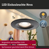 LED Einbauleuchte Nova in Schwarz mit warmweißem Licht und IP44 Spritzwasserschutz für Badezimmer
