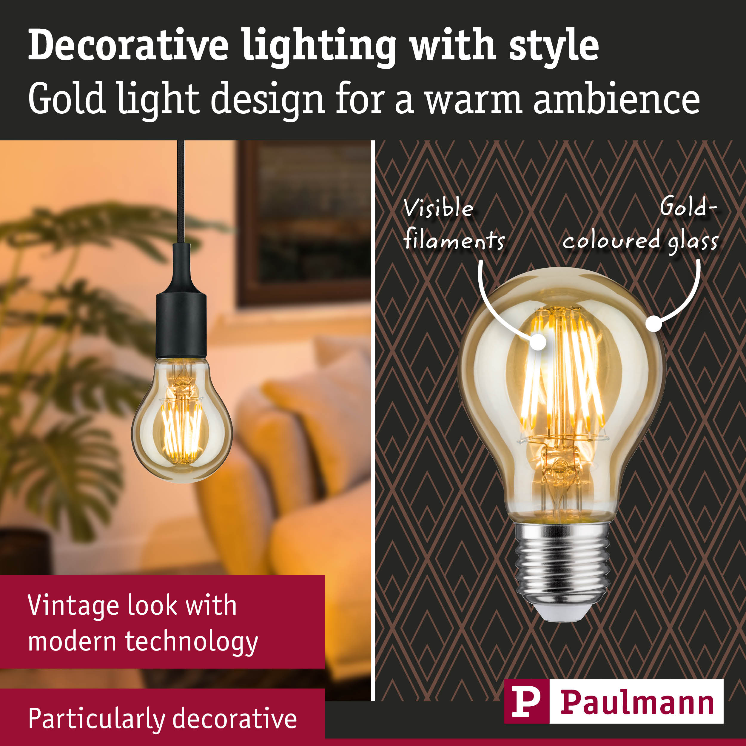 Gold-coloured LED bulb with visible filaments and vintage style for decorative warm lighting