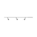 Three silver metal LED spotlights on slim rail for modern indoor lighting solutions