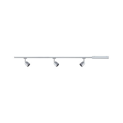 Three silver metal LED spotlights on slim rail for modern indoor lighting solutions
