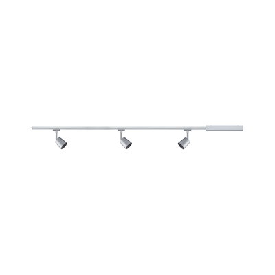 Three silver metal LED spotlights on straight rail system for modern interior lighting