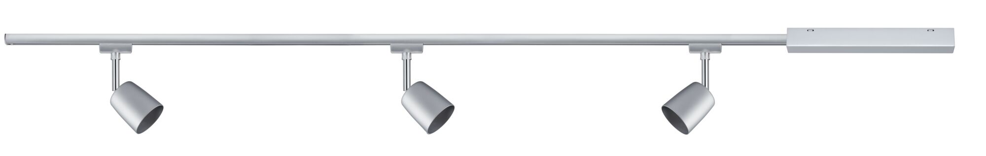 Drei silberne LED-Strahler an schmaler Schiene aus Metall für moderne Innenbeleuchtung