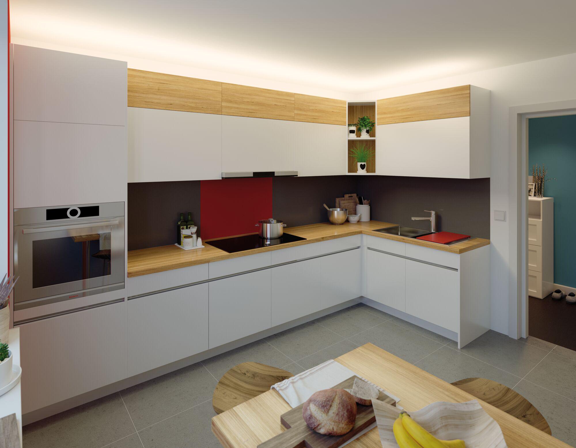 Moderne weiße Küche mit Holzarbeitsplatte und indirekter LED-Deckenbeleuchtung für stilvolles Kochen