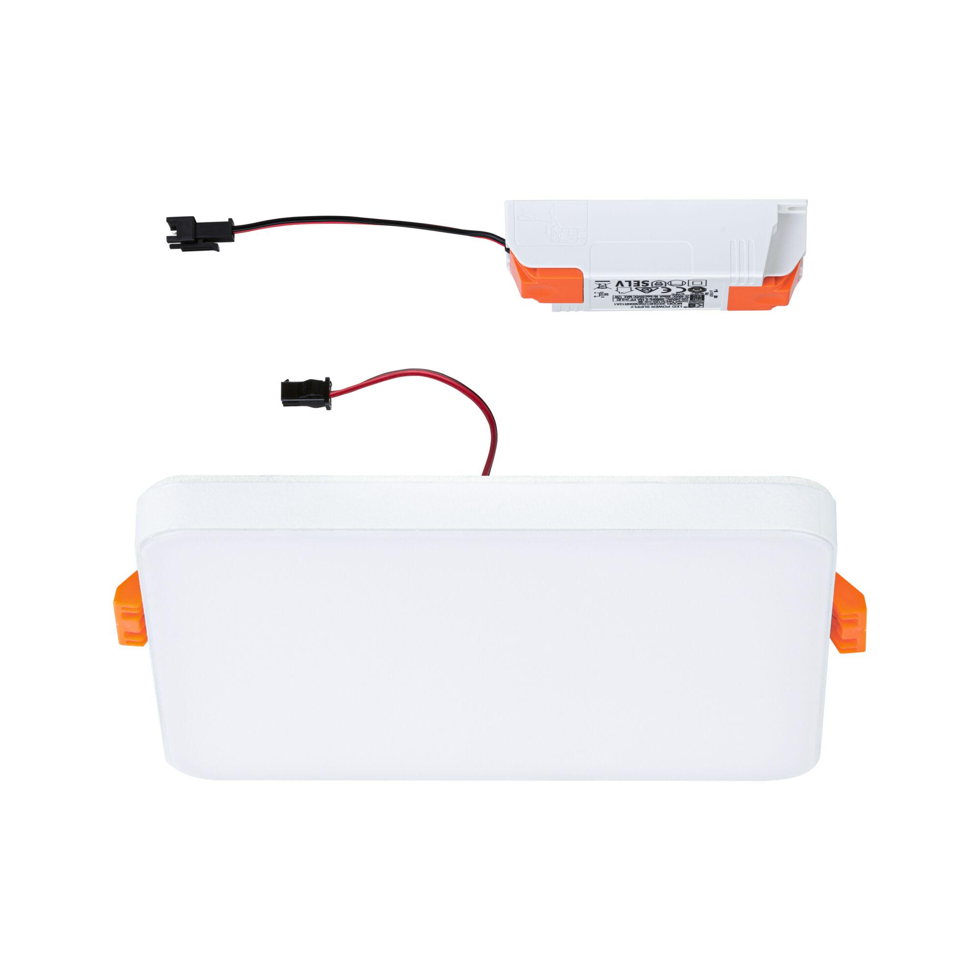 Rechteckiges LED-Einbaupanel in Weiß mit orangefarbenen Clips und separatem Treiber für moderne Beleuchtung
