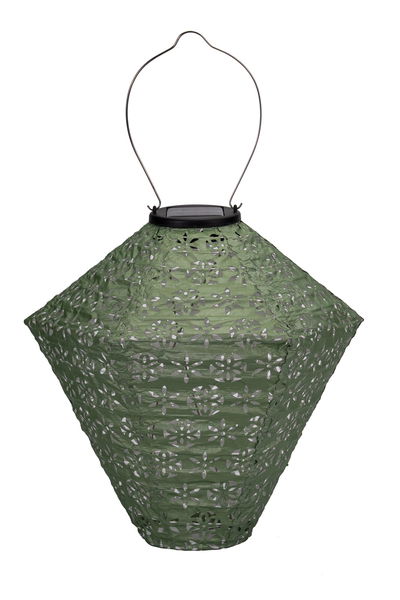 Lanterne solaire verte en métal avec motif floral ajouré et poignée pour éclairage extérieur de jardin