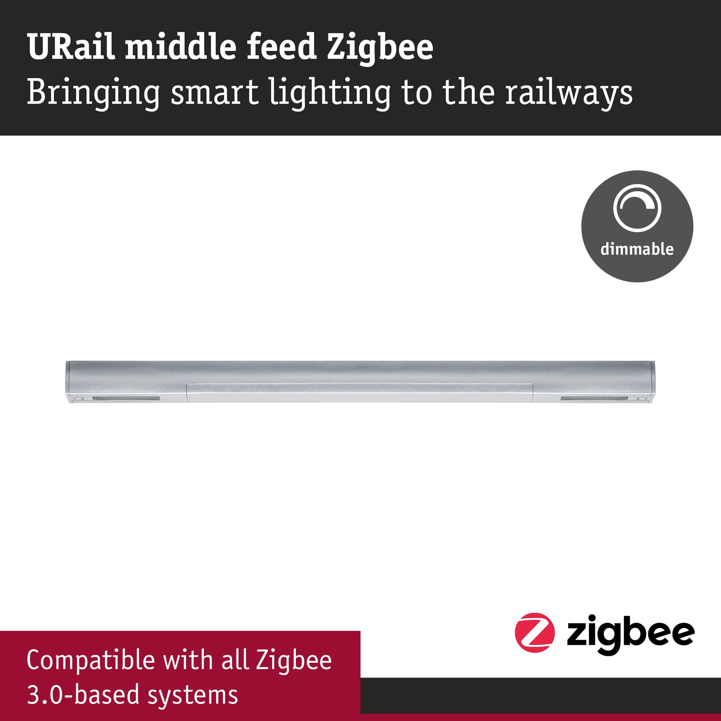 URail Middle Feed Zigbee silver rail with dimmable feature for smart lighting and Zigbee systems