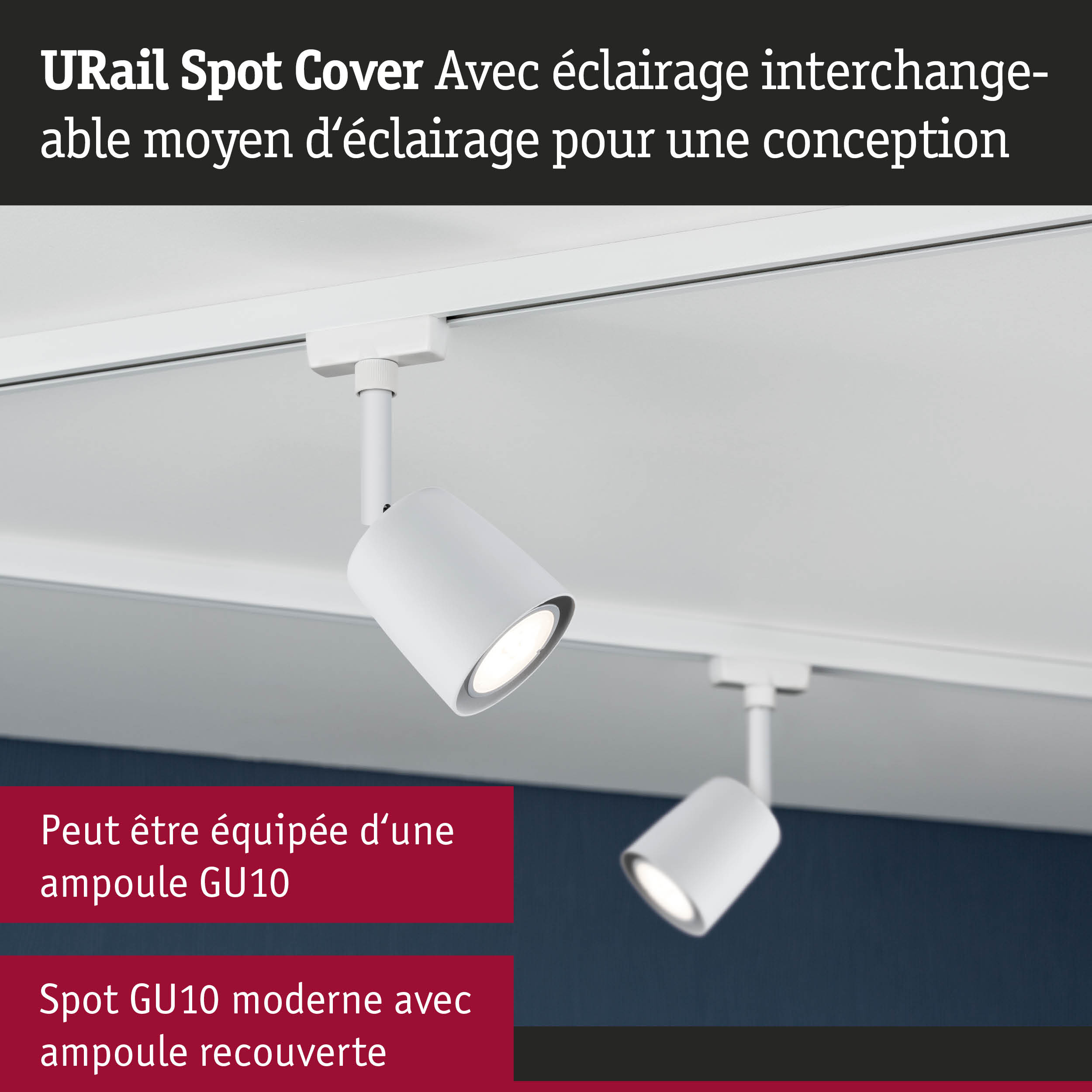 Cache spot URail blanc en métal avec douille GU10 pour systèmes d'éclairage sur rail modernes