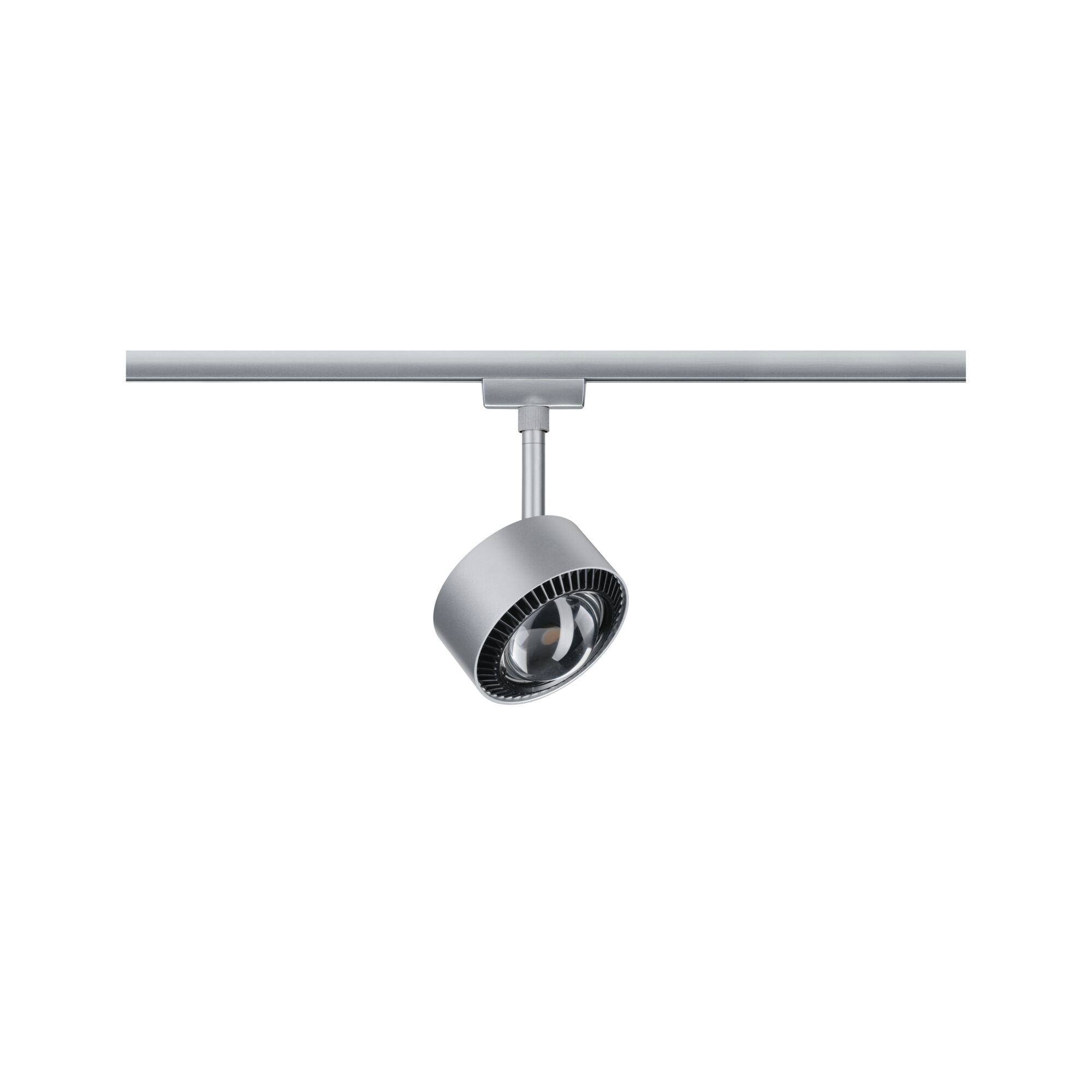 Moderner silberner LED-Strahler aus Metall an Schienensystem für flexible Raumbeleuchtung