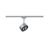Moderner silberner LED-Strahler aus Metall an Schienensystem für flexible Raumbeleuchtung