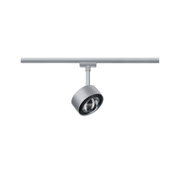 Moderner silberner LED-Strahler aus Metall an Schienensystem für flexible Raumbeleuchtung