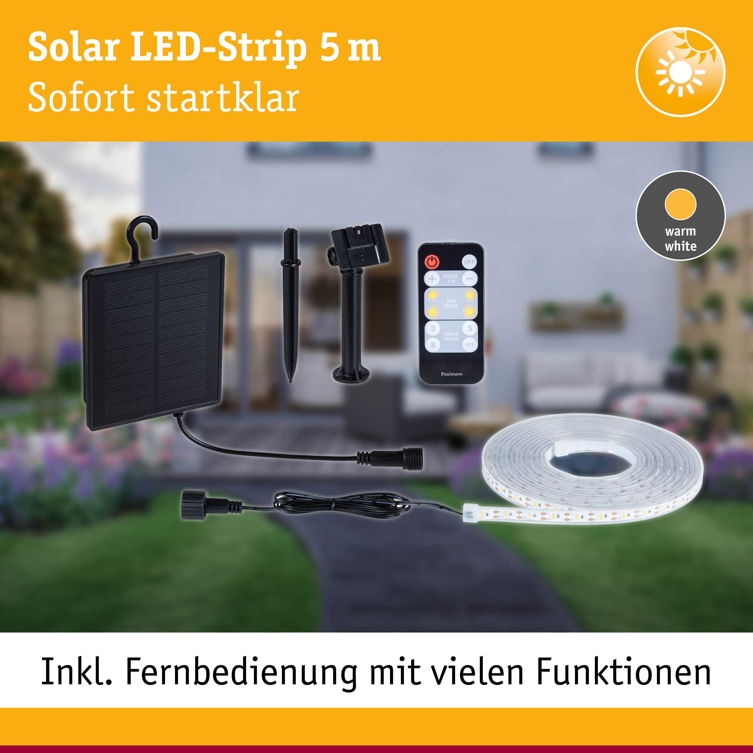 Solar LED-Strip 5 m mit Fernbedienung und warmweißer Beleuchtung für Garten und Terrasse