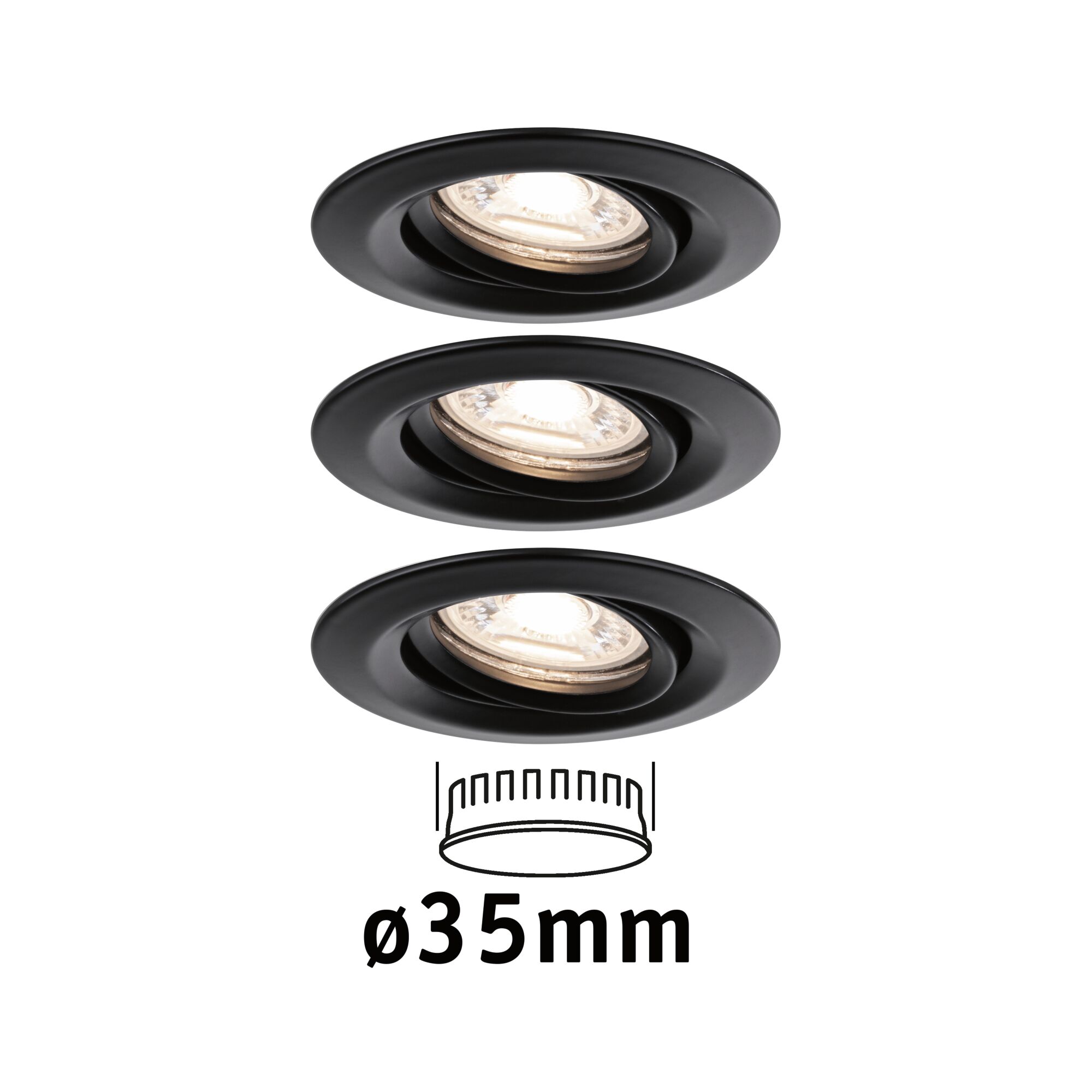 Three black metal recessed spotlights with 35 mm diameter for modern LED lighting solutions