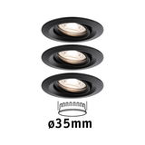 Three black metal recessed spotlights with 35 mm diameter for modern LED lighting solutions
