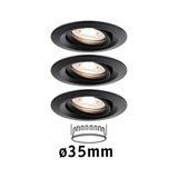 Three black metal recessed spotlights with 35 mm diameter for modern LED lighting solutions