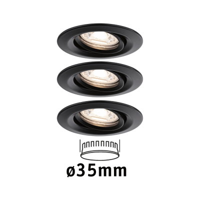 Three black metal recessed spotlights with 35 mm diameter for modern LED lighting solutions