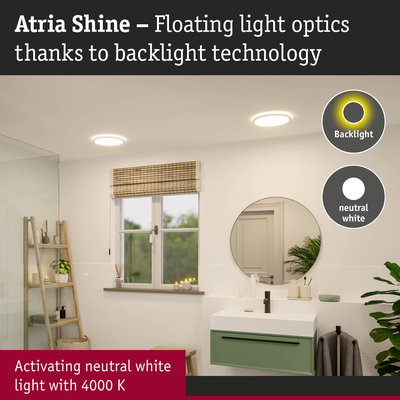 Modern bathroom with Atria Shine LED ceiling lights emitting neutral white 4000K light
